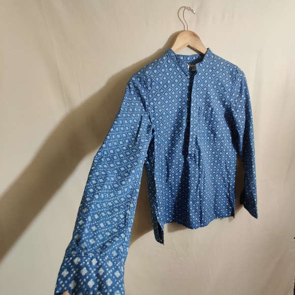 MADEWELL Blue & White Long Sleeve Diamond Print Thick Denim Blouse Shirt S - Picture 2 of 12